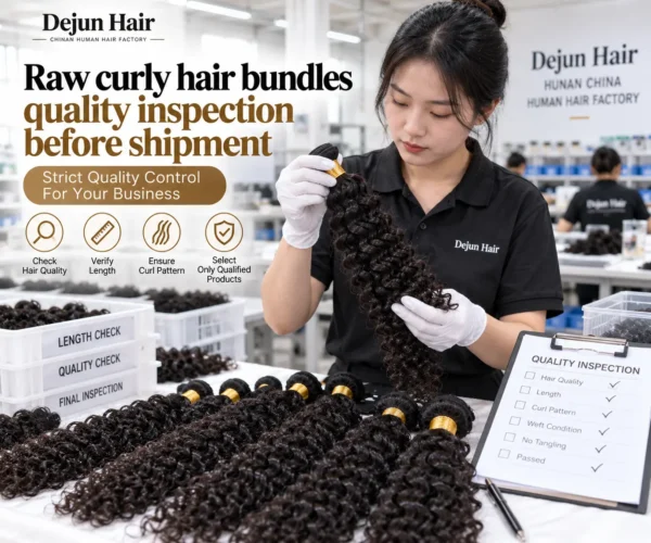Raw curly hair bundles quality inspection at Dejun Hair factory before wholesale shipment