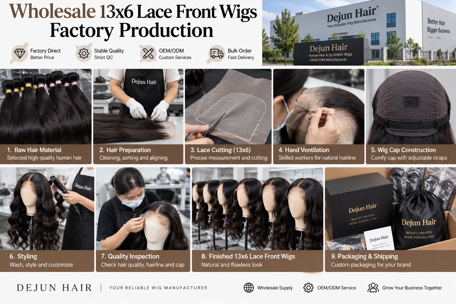 Wholesale 13x6 lace front wigs factory production process for bulk wig orders