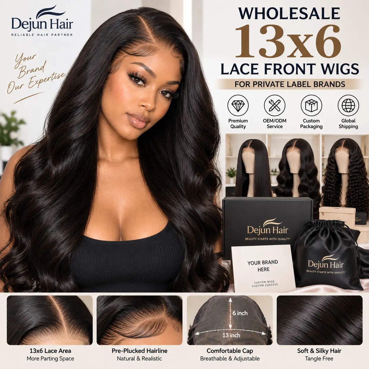 Wholesale 13x6 lace front wigs for private label brands with custom packaging