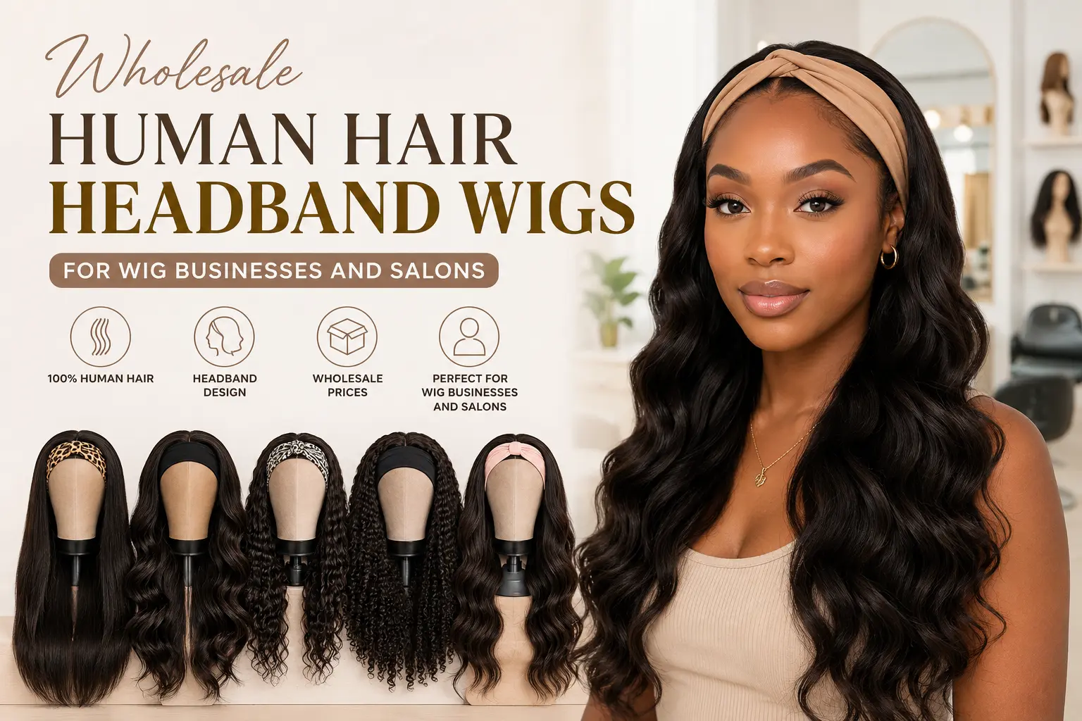 Wholesale human hair headband wigs for wig businesses and salons