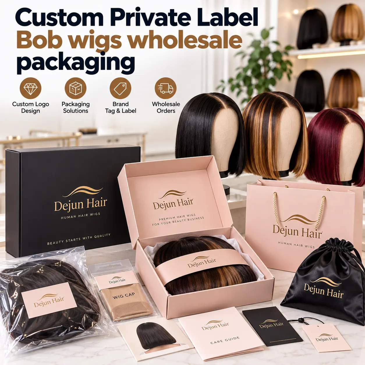 Custom private label Bob wigs wholesale packaging for hair businesses
