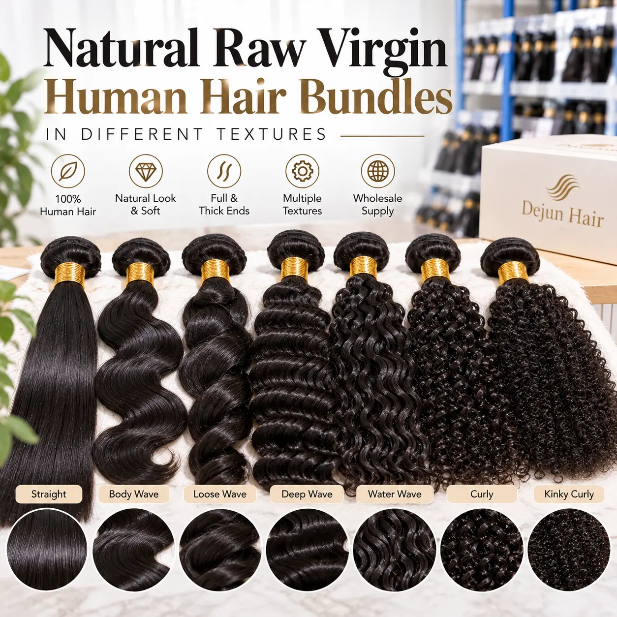 Natural raw virgin human hair bundles in different textures, including straight, body wave, deep wave and curly hair.