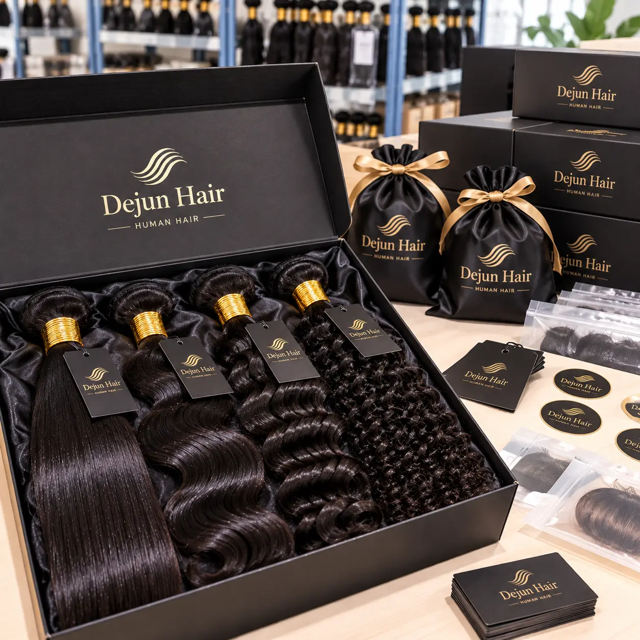 Dejun Hair private label raw virgin hair bundles wholesale packaging with custom branded boxes, satin bags and hair tags.