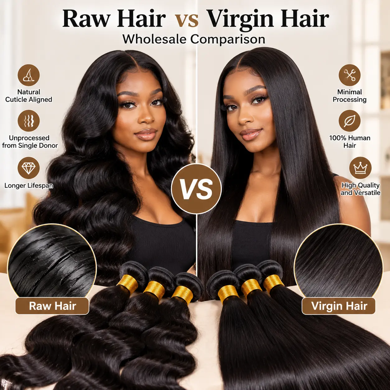 Raw hair vs virgin hair wholesale comparison for hair business buyers