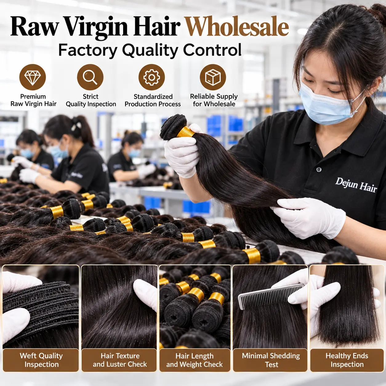 Raw virgin hair wholesale factory quality control at Dejun Hair